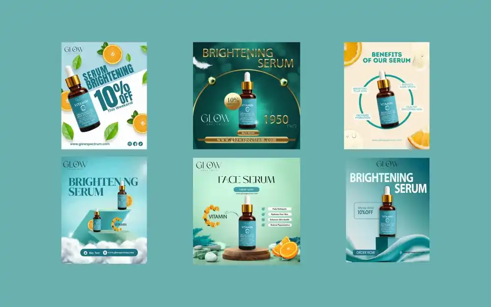 Six social media ad creatives for Glow Spectrum vitamin C brightening serum, with 10% off and PKR 1950 offers