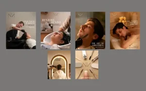 Six elegant social media ad creatives for NN spa and salon promoting hair colour, hair treatments, beard grooming, massage and nail care