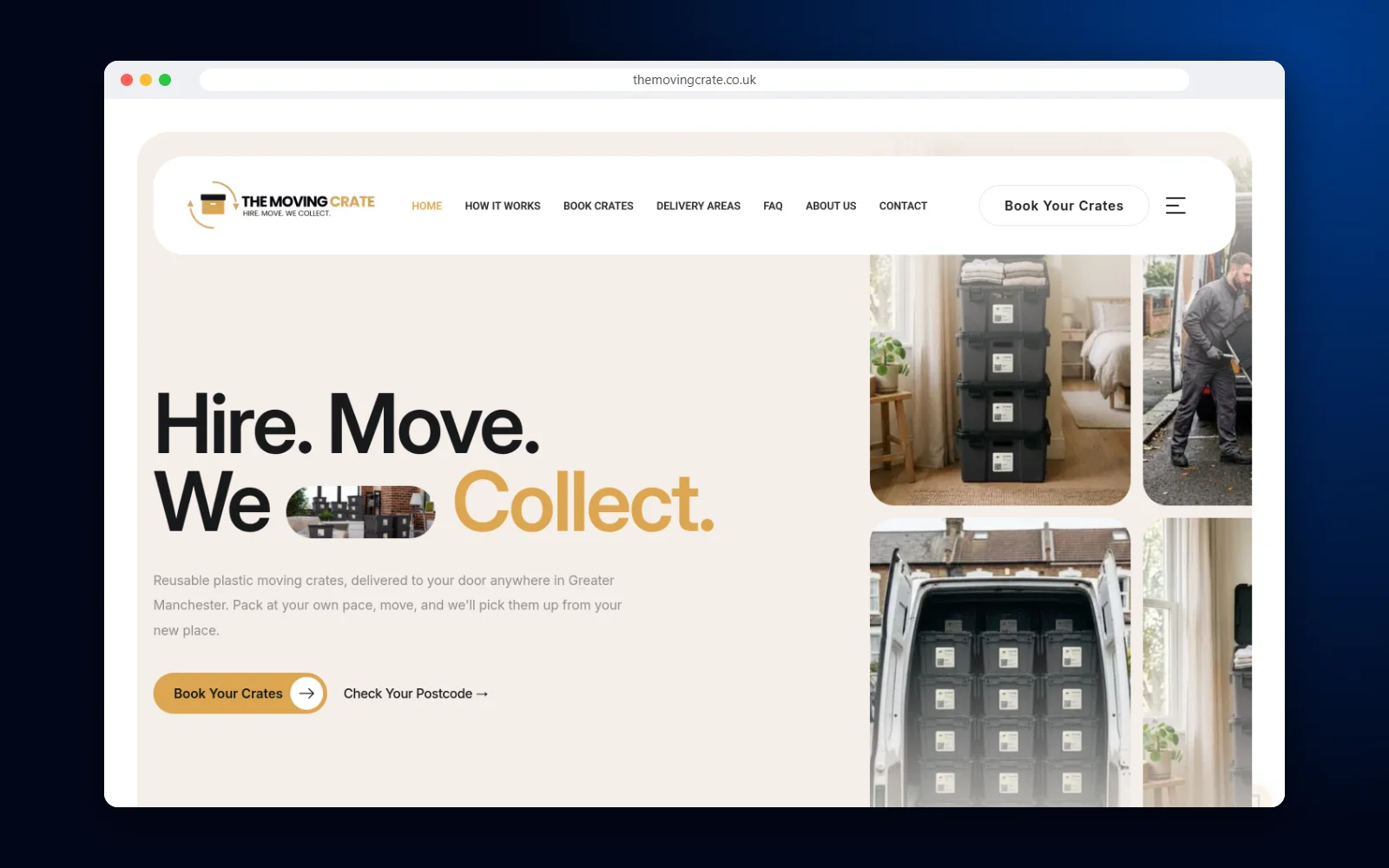 The Moving Crate Manchester moving crate hire website homepage designed by Mark X Media